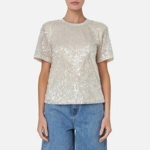 Grey Lab Women's Ivory White Padded Shoulder Open Back Sequin Top Size S